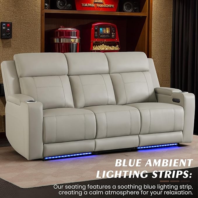Netpane Breathable Leather Power Recliner Sofa Set with Adjustable Headrest, Power Reclining Sofa and Loveseat Set with LED Light/Wireless Charger/Storage, HomeTheater Seating(Grey)