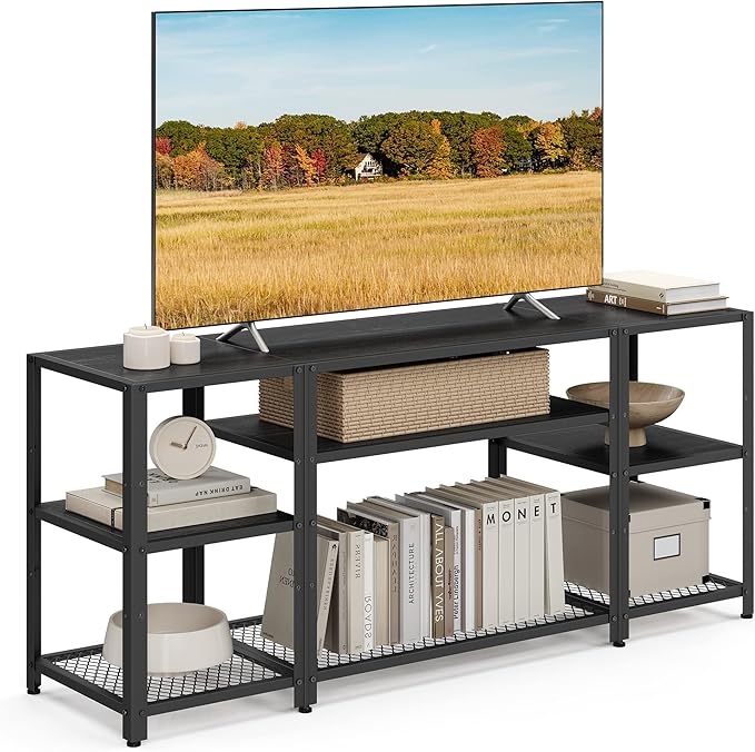 VASAGLE TV Stand for 65 Inches TVs, Industrial Entertainment Center, Modern TV Console with Open Storage Shelves for Living Room, Bedroom, Black ULTV105B22