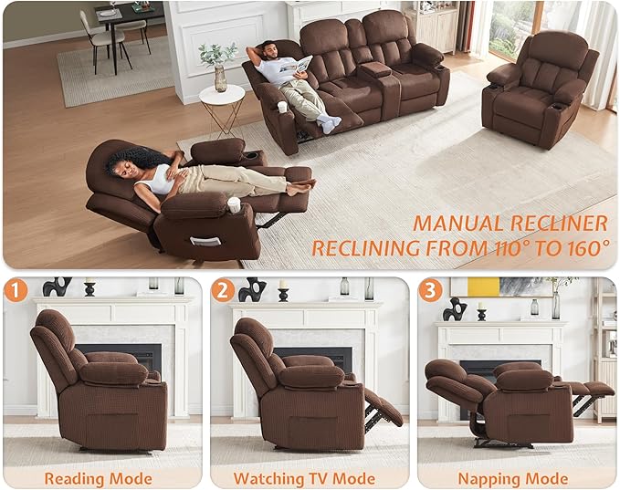 Jocisland Manual Recliner Couch, Reclining Sofa with Cup Holders, 3 Seater Reclining Couch with Dual Wingback, Comfy Recliner Sofas for Living Room(Brown)