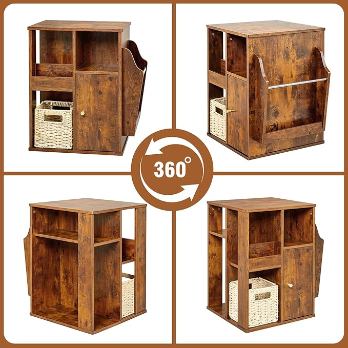 TooCust Rotating End Table with Storage, Square Rotating Side Table Living Room, Side Table with Magazine Holder, Basket and Cabinet, Swivel End Table with Multiple Storage (Rustic Brown)