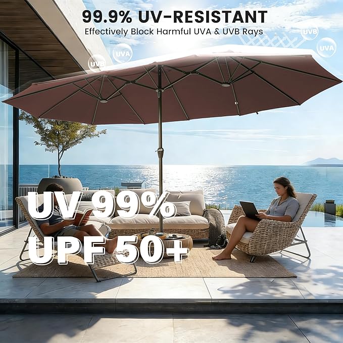 Ayge 15FT Patio Umbrella with Base,Large Outdoor Double-Sided Rectangle Umbrella with Crank Handle, Market Umbrella for Poolside Garden Deck Backyard Beach Pools,Brown