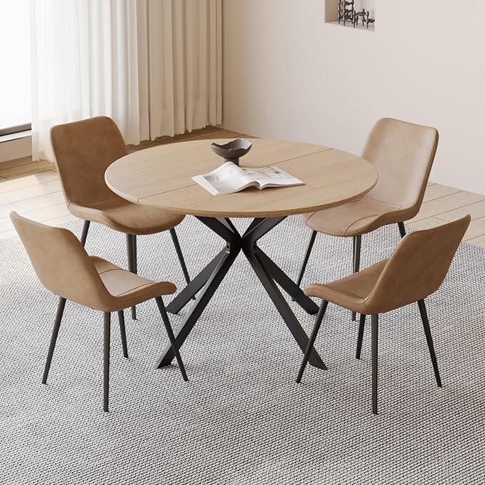 46.4" Round Dining Table Set with 4 Chairs, Modern Dining Set with Comfortable PU Leather Chairs, Sturdy MDF Table with X-Shaped Base, Easy Assembly, Ideal for Dining Room or Kitchen