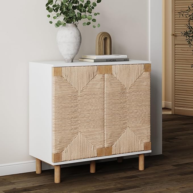 Nathan James Beacon Accent Natural Sideboard Storage Cabinet with Adjustable Interior Shelf and Seagrass Doors, for Hallway, Entryway or Dining Room, Light Brown/White