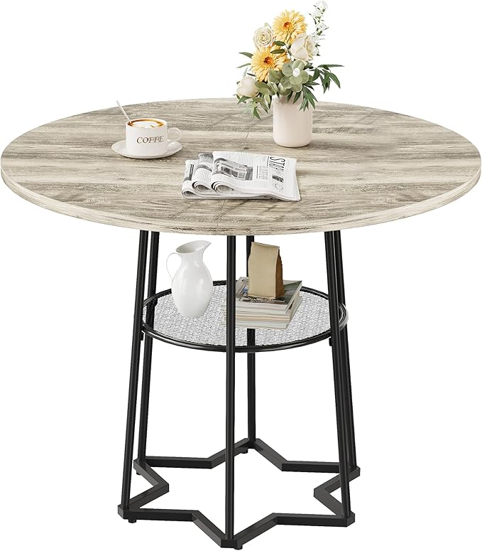 IDEALHOUSE Round Dining Table for 4, 38" Farmhouse Kitchen Table with 17.7" Storage, Small Circle Dinner Tables, Space Saving, Wood Kitchen & Dining Room Furniture for Dining Room, Apartmen, Grey