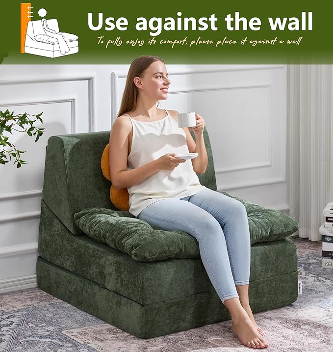 Hobestluk Sofa Couch Folding Sofa Bed Comfy Floor Lounger Convertible Sofa with Removable Cushion Couches for Small Spaces Foldable Mattress for Living Room Bedroom or Office (Chenille Green, Large)