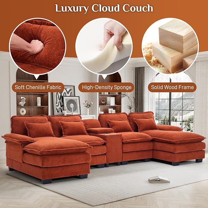 133" Oversized U Shaped Cloud Couch Modular Sectional Couches for Living Room Comfy Chenille Deep Seat Sofa Set with Double Chaise Lounge, Storage Central Console, Cup Holders, USB Port, Orange