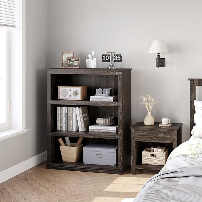 GarveeHome 3 Tier Farmhouse Bookcase, 39.9 in Tall Book Shelf with Storage, Wooden Bookshelves 3 Shelf Display Shelvesfor Home Office, Living Room, Bed Room (Oak, 39.9 in H x 31.5 in W x 12.8 in D)