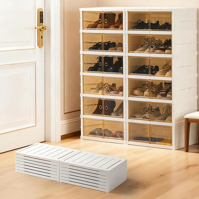 SAYMA Collapsible Shoe Rack Organizer Foldable Shoe Shelves, Large Plastic Folding Shoe Rack with Door, Easy Assembly Shoe Cabinet for Entryway (2 x 6 Tiers-12 Pairs)