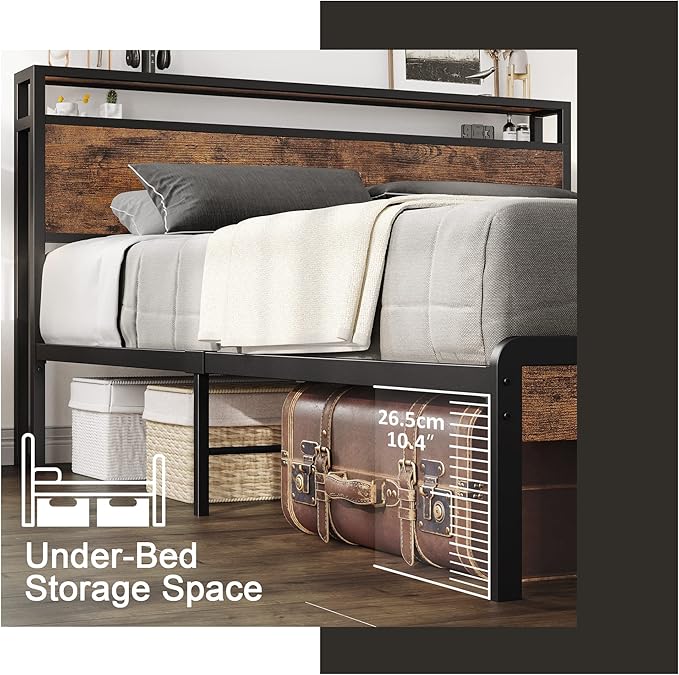 LIKIMIO King Size Bed Frame, Platform Bed with 2-Tier Storage Headboard, Solid and Stable, Noise Free, No Box Spring Needed, Easy Assembly, Vintage Brown