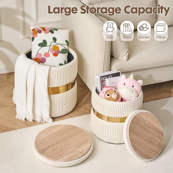 Velvet Round Ottoman with Storage Set of 2 for Livingroom Small Foot Stool Ottoman for Living Room Small Coffee Table Vanity Stool with Storage for Bedroom White