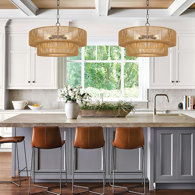 LamQee 22 Inch Farmhouse Rattan Chandeliers, 5 Lights Boho Chandelier Light Fixture with Hand Woven Wicker Shade, Large Rattan Pendant Lights Ceiling Hanging Lighting for Dining Room Kitchen Island