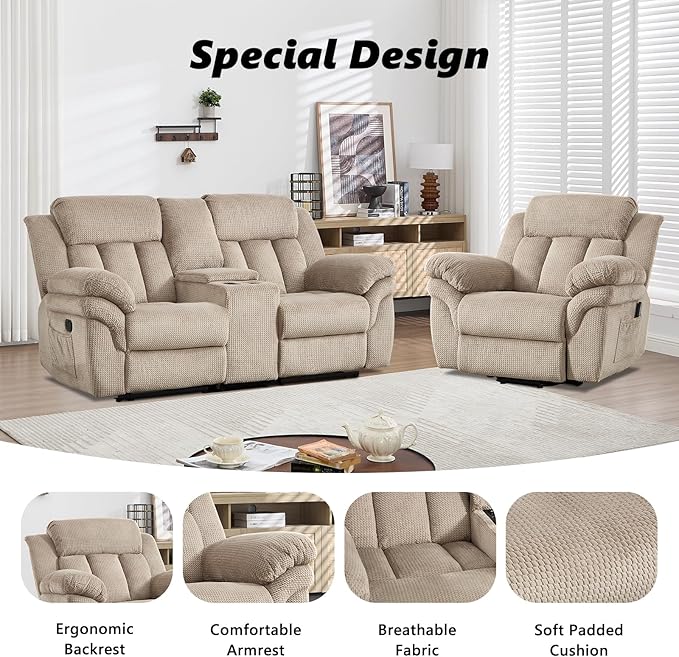 CANMOV Recliner Sofa Set,2 Oversize Power Lift Recliner Chair and Manual Loveseat with Overstuffed Armrest for Living Room,Bedroom Furniture,Office,1+1+2 Seat Light Brown