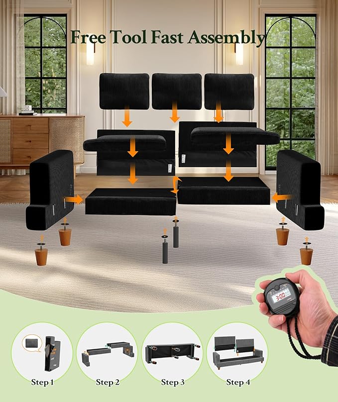 Welzona 87.2" Couches for Living Room, Comfy Black Couch 7.5" Extra Thick Cushion, Sofas for Living Room Tool-Free Setup, Loveseat Sofa 848lbs Support, Corduroy Couch for Bedroom, Apartment, Office