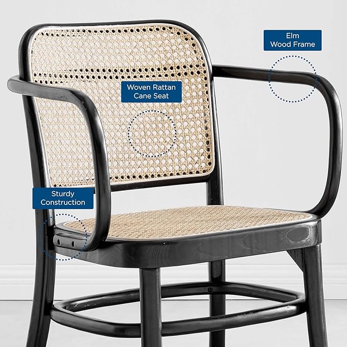 Modway Winona Elm Wood Cane Rattan Seat, Dining Chair - Set of 2, Black