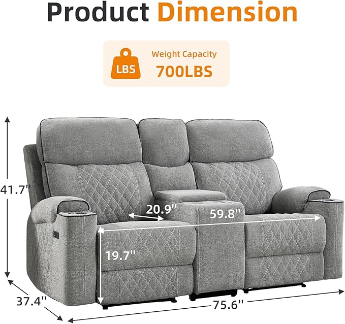 EBELLO Power Reclining Sofa Couch, Fabric Electric Recliner Loveseat Sofa with Cup Holders, USB Type-C Charging Ports and Storage Space, 2 Seats for Small Living Room, Bedroom and Meeting Room, Grey