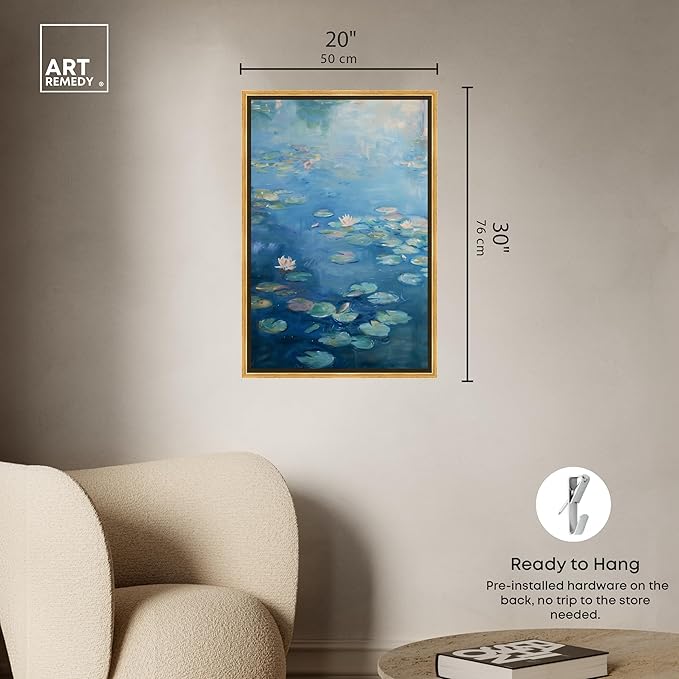 Art Remedy Lilypads In Blues Framed Impressionism 1 Piece Canvas Wall Art/Monet And Van Gogh Inspired Art, 21.5" x 31.5", Gold Frame