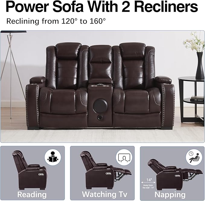 THSUPER Brown Leather Power Recliner Loveseat with Arm Storage and Bluetooth Speaker, Theater Seating Leather Living Room Reclining Loveseat with Cup Holders and Wireless Charging. | Breathable material, LED ambient light, USB and Type-C port, In a box...