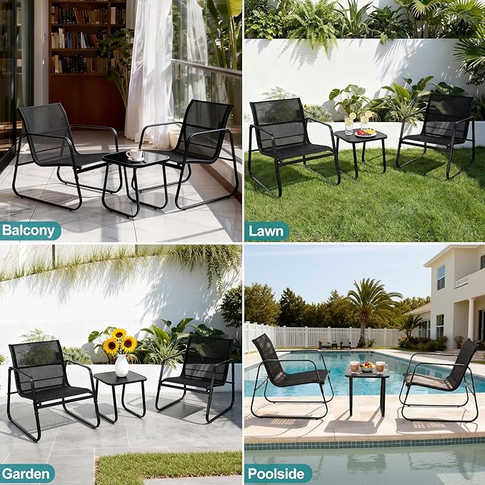 DUMOS 3 Piece Patio Furniture Set，Outdoor Patio Furniture Conversation Set with Table, Patio Sectional Bistro Sets for Lawn, Garden, Balcony, Poolside (Black)