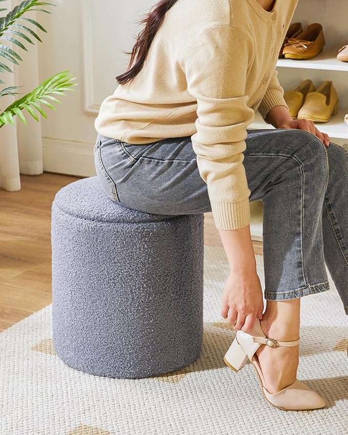 IBUYKE Storage Ottoman Set of 2 Round Ottoman Fleece Vanity Stool with Storage Velvet Footrest Stool End Table Boucle Ottoman for Home Organization Gray UWBD015G