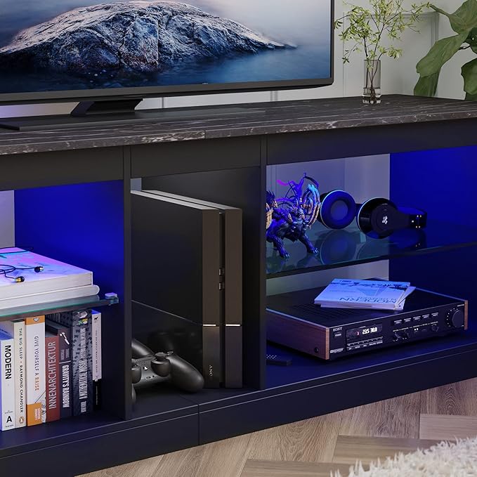 Bestier LED Gaming TV Stand for 55 Inch TV, Entertainment Center with Adjustable Glass Shelves, Modern TV Console for Living Room & Bedroom, Black Marble
