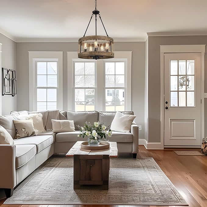 LALUZ Farmhouse Chandelier, 5-Light Rustic Drum Wood Dining Room Chandelier Light Fixture, Round Wooden Pendant Chandeliers Lights Fixtures for Dining Room, Living Room, Bedroom, Entryway