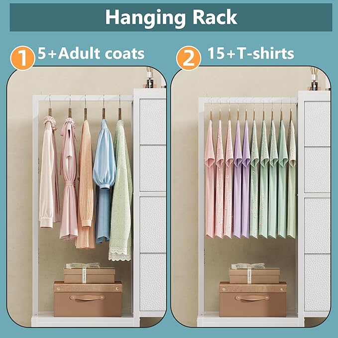 Dresser with Hanging Rack, 4 Drawers Small Closet for Bedroom, Reversible Fabric Kids Chest of Drawers with Clothes Rack, Tall Storage Tower, Sturdy Frame, White, 44''H