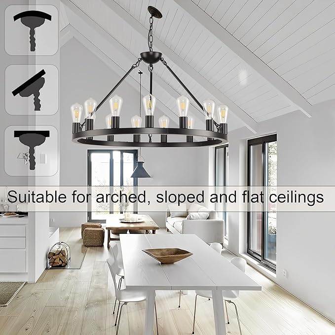 32 inch Black Wagon Wheel Chandelier 15-Light Farmhouse Round Wheel Chandeliers Hanging Light Fixture Outdoor Wagon Wheel Chandelier for Porch for High Ceilings Dining Room