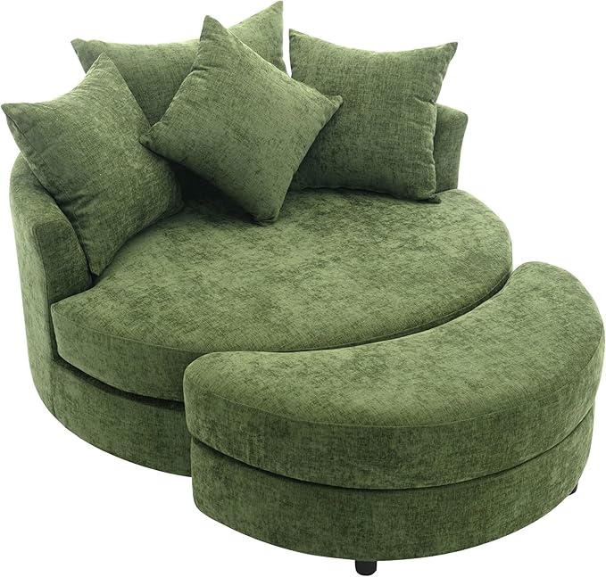 ERYE Oversized Round Accent Barrel Chair with Storage Ottoman and 360 Swivel Base, Modern Chenille Upholstered Leisure Recliner Armchair for Living Room Bedroom