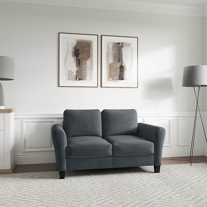 Studio Living Watford 57.9" Loveseat, Traditional Style, Pocket Coil Comfort, Black Legs, Microfiber Fabric, Dark Gray