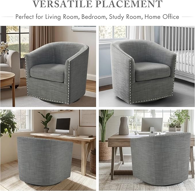 Madison Park Swivel Barrel Accent Chair, Upholstered Curved Back with 7-Inch Thick Woven Cushion, 360° Swivel, Nailhead Trim, Comfy Chair for Living Room, Bedroom, Office, 28" Wide, Grey, Tyler