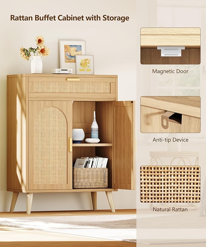 Rattan Buffet Sideboard Set of 2, Boho Buffet Cabinet with Adjustable Shelf & Doors, Kitchen Floor Storage Cabinet with Drawer, Coffee Buffet Cabinet for Living Room, Hallway, Entryway, Natural Oak