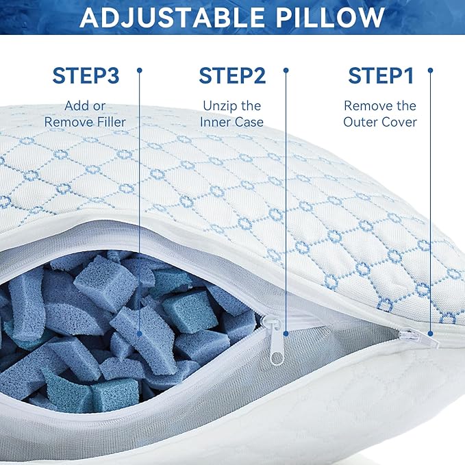 Cooling Bed Pillows for Sleeping Set of 2, Shredded Memory Foam Pillows for Bed Queen Size 2 Pack, Adjustable Cool Pillow for Side, Back and Stomach Sleepers Neck Supportive