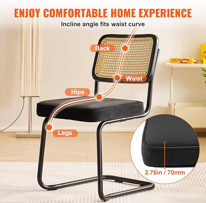 VEVOR Rattan Dining Chairs Set of 4, Mid Century Modern Dining Chair, Upholstered Velvet Accent Chair with Rattan Back, Retro Dining Room Kitchen Chair for Living Room, Bedroom (18.1 Inch)