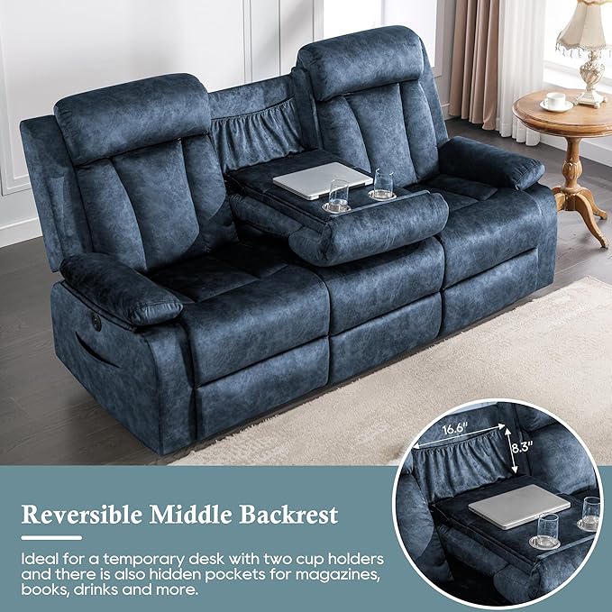 GUEAPY Oversized 3-Seater Electric Reclining Sofa with Massage & Heat, USB & Type-C Ports, Foldable Tray Table, Cup Holders, Storage Pockets, Velvet Recliner Couch for Living Room, 81.9" Wide