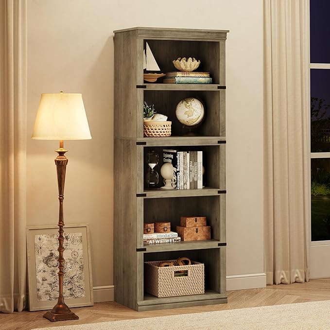 GAOMON 5 Tier Bookcase, Farmhouse Book Shelf with Storage Open Display Bookshelves, 67.4" Tall Book Case Wooden 5 Shelf Bookcase Home Decor Furniture for Home Office, Living Room, Bed Room - Grey