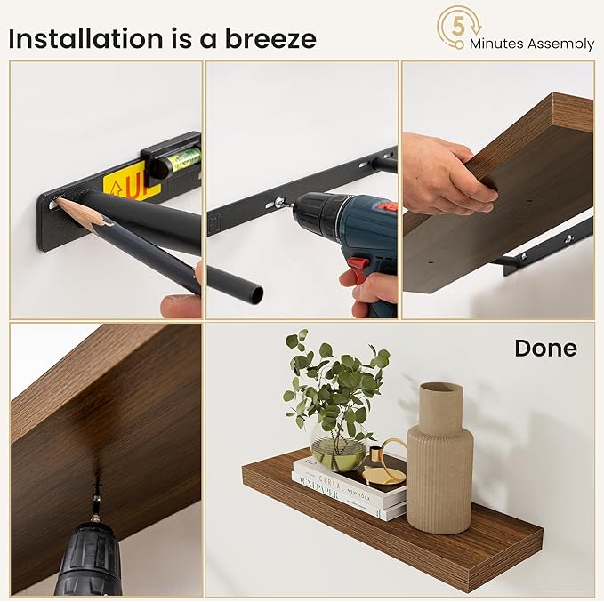 Fun Memories Rustic Wood Floating Shelves for Wall, Space-Saving Wall Mounted Shelves for Bathroom, Bedroom, Living Room and Kitchen, Stylish Storage & Display (Set of 3, Walnut, 12 in)