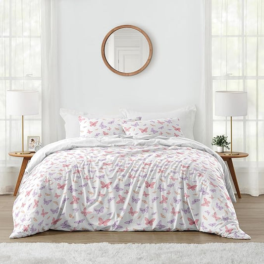 Sweet Jojo Designs 3-Piece Queen Comforter Set (Pink/Purple Shabby Chic Butterfly) for Girls, Teen, Kids Full Size Bedding, Bed in a Bag incl. Blanket & Pillow Sham (Colorful, Watercolor, Butterflies)