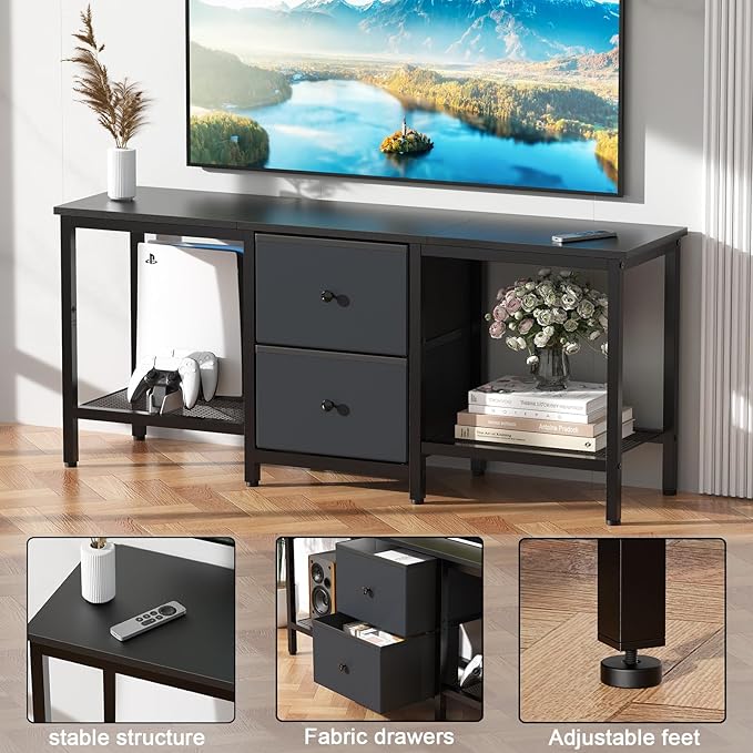 TV Stand Suitable for TVs up to 55 Inches, Entertainment Center with Storage Drawers and Shelves, Media Console Table for Living Room and Bedroom (Black)