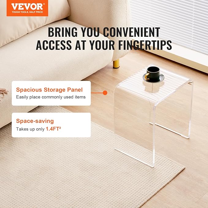 VEVOR Acrylic Side Table, U- Shaped Coffee Table, Clear Acrylic End Table with Waterfall Edges for Drink, Food, Snack Used in Living Room & Bedroom