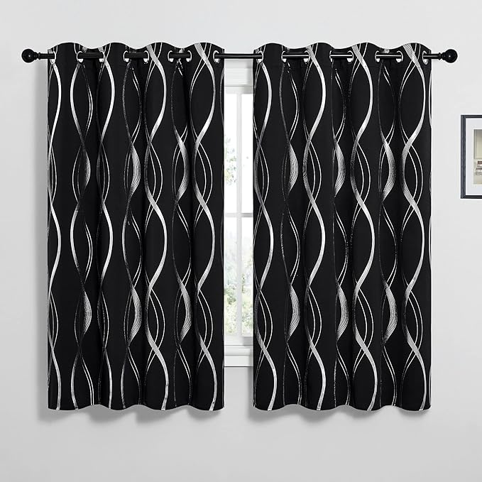 NICETOWN Black Out Window Curtains for Bedroom, Microfiber Noise Reducing Thermal Insulated Wave Line Foil Print Design Blackout Curtains for Office, Classroom (2 Panels, 52 x 45 Inch)