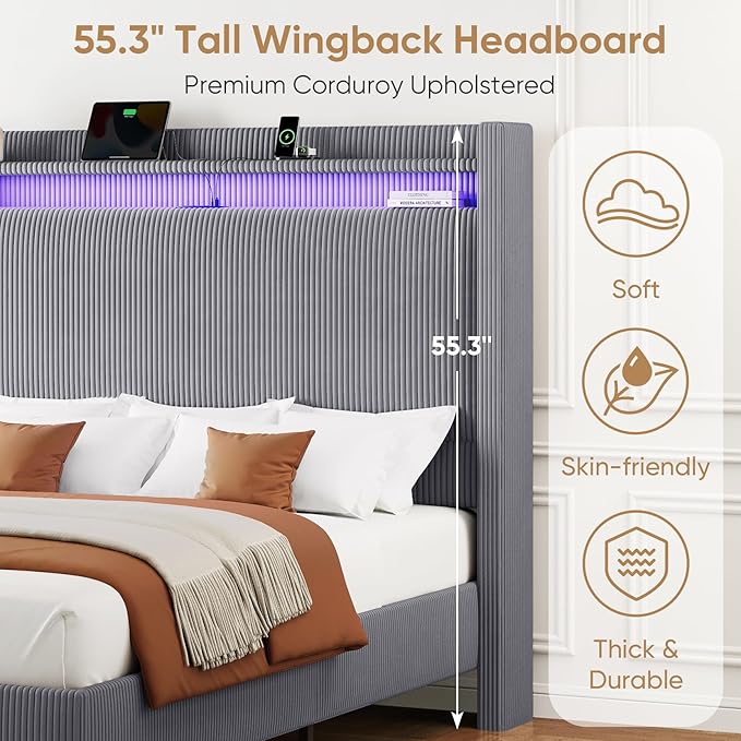 Queen Bed Frame with Tall Headboard, 55.3" Upholstered Platform Bed with LED Lights & Charging Station, Elegant Corduroy Bedframe, 2-tier Storage Wingback Headboard, No Box Spring Needed, Dark Grey