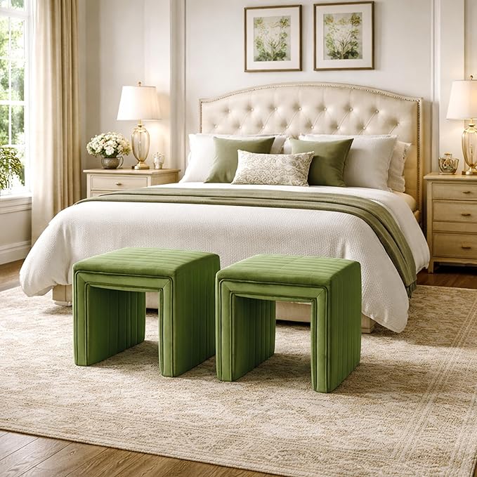 Spatial Order Modern Channel Tufted Velvet Ottoman | Spatial Order Home Décor | Ottoman for Living Room & Bedroom - Green