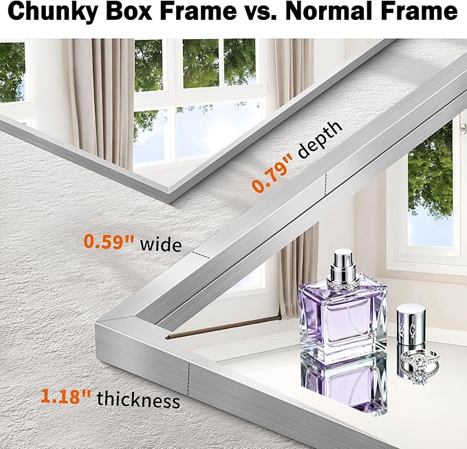 CIRCUMI 14"x16" Silver Mirror with Chunky Box Metal Frame, Brushed Finish Rectangular Wall Mirrors for Living Room, Entryway, Hallway, Tempered Glass Mirror as Decor, Installed Vertical or Horizontal