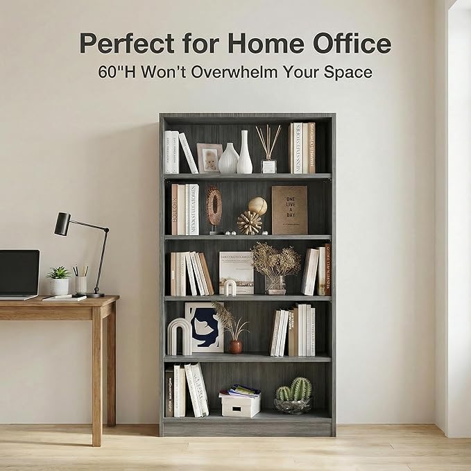 5 Tier Wooden Bookshelf, 60" H Tall Book Shelf with Adjustable Shelves, 33" Wide Bookshelf for Office, Living Room
