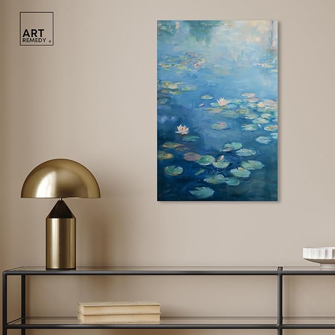 Art Remedy Lilypads In Blues Gallery Wrapped Impressionism 1 Piece Canvas Wall Art/Monet And Van Gogh Inspired Art, 16" x 24", Gallery Wrapped