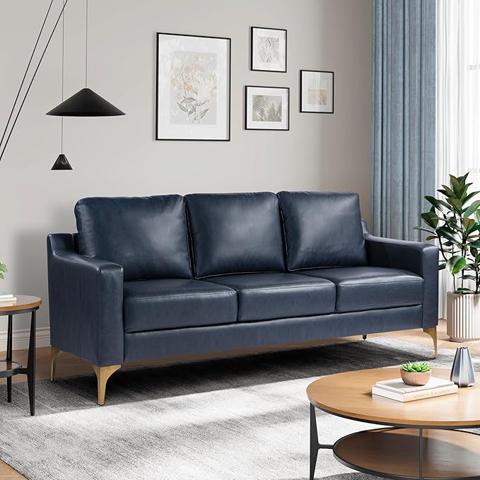 Serta Triton 78" Sofa, Transitional Modern, Dreamcoil Comfort, Metal Legs, Vegan Leather, Navy Blue