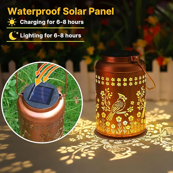 2Pack Cardinal Solar Lanterns Outdoor Waterproof Garden Decor Gifts for Women Mom Grandma Hanging Solar Lights Metal Decorative Lantern for Yard, Patio, Lawn, Pathway, Landscape