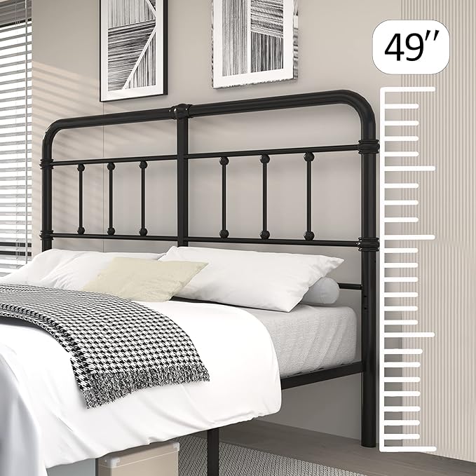 King-Size-Bed-Frame and headboard Giselle-Vintage Antique-Metal - Iron Platform Mattress Foundation,49 inch High,No Box Spring Needed(Black)
