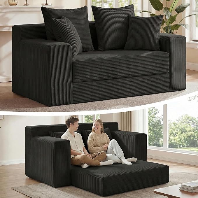 3-in-1 Convertible Sofa Bed: Boneless Loveseat Sleeper & Folding Couch Bed with 4 Pillows & Detachable Cushion for Bedroom, Small Space, Guest and Living Room, Corduroy Futon, No Assembly,Black