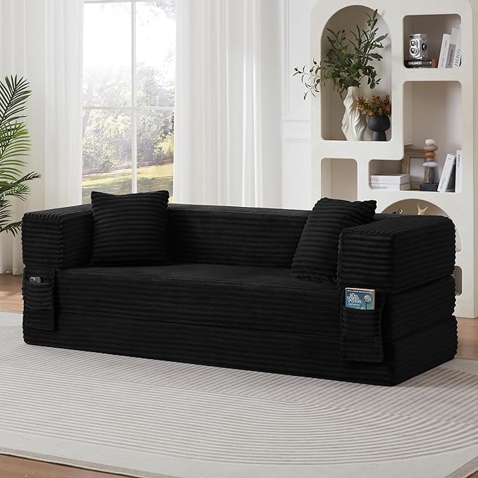 Ball & Cast Modern Upholstered Sofa with 2 Pillows,Boneless Corduroy Couch W/Deep Seat,Convertible Folding Sleeper Sofa Bed for Living Room,Bedroom,Apartment,No Assembly,Black,78"